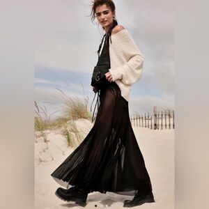 Free People Godet Girl Mesh Slip Maxi Flare Hem Skirt Black